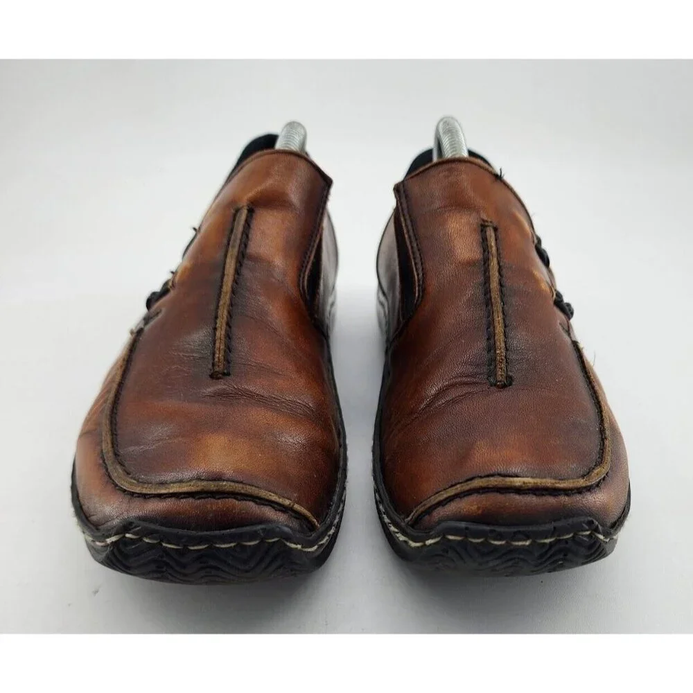 Rieker Women's Celia Square Toe Slip On Loafer Comfort Shoes Brown Leather Sz 39